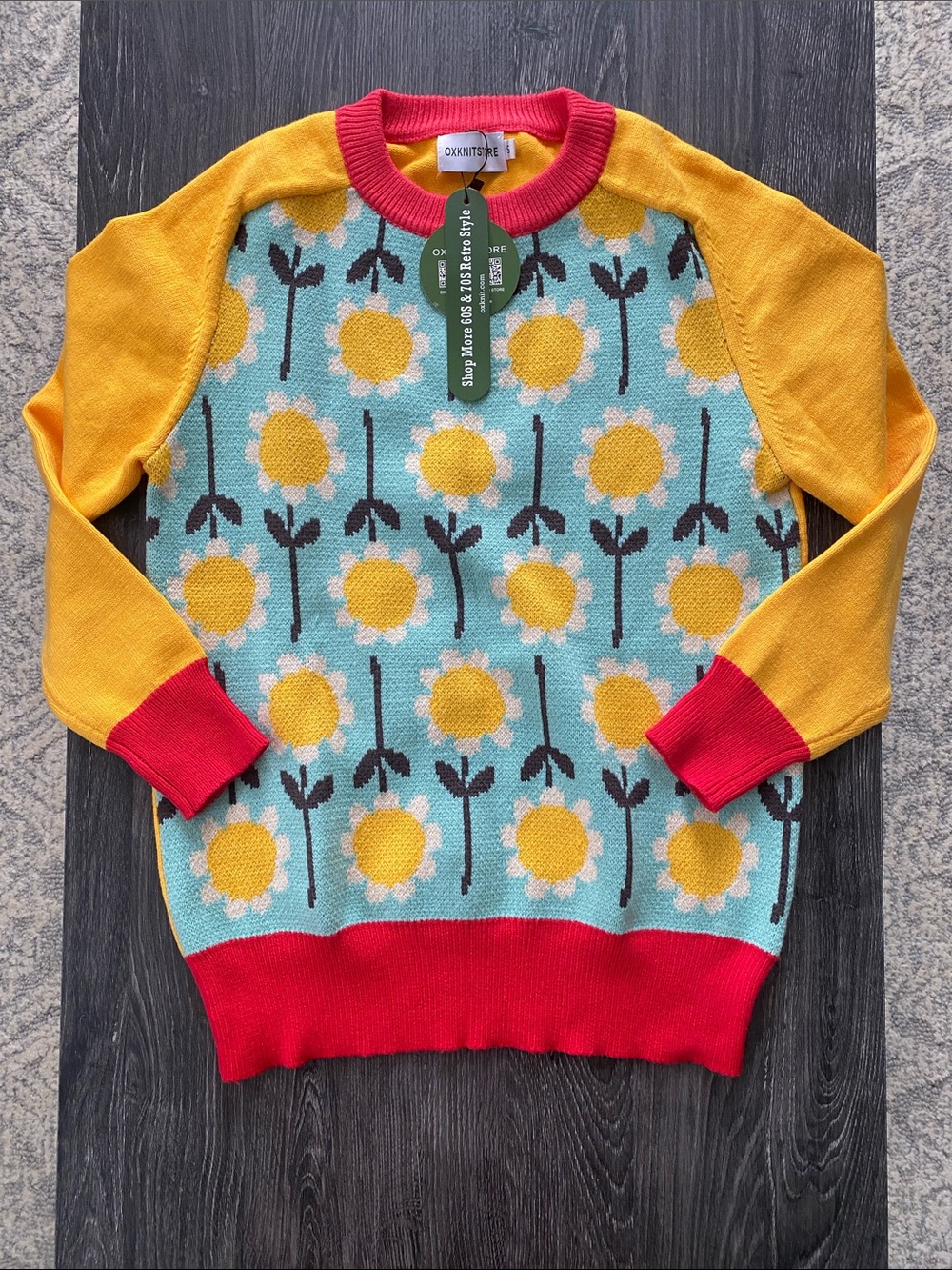 Oxknit Women's Floral Crewneck Sweater in Yellow & Teal